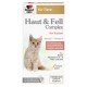 Verpackung für Katzenfutter mit einer flauschigen orangefarbenen Katze, beschriftet mit 'Haut & Fell Komplex für Katzen', die Omega-3, Omega-6 und Vitamine hervorhebt.