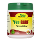 Behälter mit cdVet Fit-BARF Sensitive Tiernahrungsergänzung mit einem grünen Deckel, beschriftet mit "100% NATUR" und bunten Zutatenbildern.