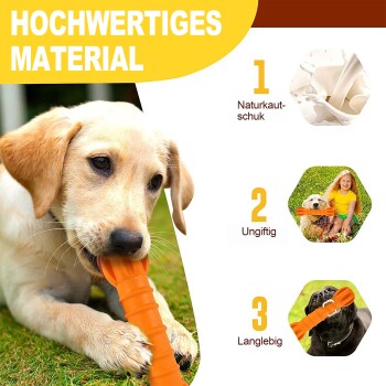 Welpe kaut auf orangefarbenem Spielzeug im Gras; 'HOCHWERTIGES MATERIAL' und 1 Naturkautschuk, 2 Ungiftig, 3 Langlebig.