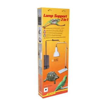 Lamp Support „2 w 1” czarny Opakowanie Lamp Support 2 w 1 z uchwytem lampy, żółwiem i papugą, z wielojęzycznym tekstem i szczegółami produktu.