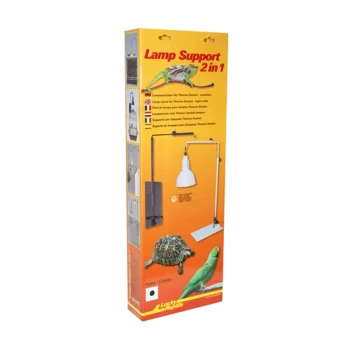 Lampensupport 2 in 1 Verpackung mit einem Lampenhalter, einer Schildkröte und einem Papagei, mit mehrsprachigem Text und Produktdetails.