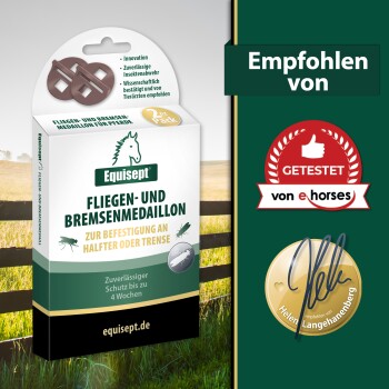 Verpackung von Equisept Fliegen- und Pferdefliegenmedaillons, mit einem Pferdelogo, das zuverlässigen Insektenschutz für bis zu 4 Wochen verspricht.