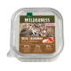 Emballage de nourriture humide pour chat étiqueté "Wilderness Kitten Wide Savannah" présentant deux chatons joueurs, avec 97% d'ingrédients d'agneau et de sanglier.