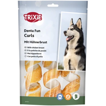 Hundeleckerli-Verpackung mit "TRIXIE Denta Fun Curls" mit Hähnchenbrust, zeigt einen Husky-Hund und die Locken des Leckerlis.