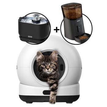 Kätzchen späht aus weißem kugelförmigem automatischem Katzenklo, daneben schwarzer ZEDAR-Trinkbrunnen und ZEDAR-Automatfutterspender.