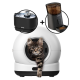 Kätzchen späht aus weißem kugelförmigem automatischem Katzenklo, daneben schwarzer ZEDAR-Trinkbrunnen und ZEDAR-Automatfutterspender.