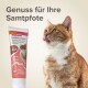 Eine Nahaufnahme einer Katze, die sich die Lippen leckt, neben einer Tube Beaphar Lachsölpaste, gekennzeichnet mit "Omega 3&6" und "0% Zuckerzusatz."