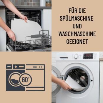 Person legt eine Haustiermatte in Geschirrspüler und Waschmaschine, mit dem Text „Für die Spülmaschine und Waschmaschine geeignet“.