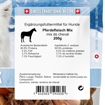 Ergänzungsbeutel für Hunde 'Swiss Traditional Recipe' Pferdefleisch-Mix 200 g, Pferdesilhouette, Schweizer Flagge, Nährwertangaben.