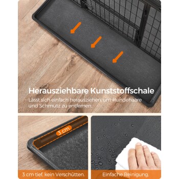 Herausziehbare Kunststoffschale für Hundekäfig, 3 cm tief, leicht zu reinigen, mit Text über einfache Handhabung und Schmutzentfernung.