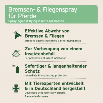 Insektenschutzspray für Pferde, das sofortigen und langanhaltenden Schutz gegen Pferdefliegen bietet, entwickelt mit tierärztlichen Experten in Deutschland.