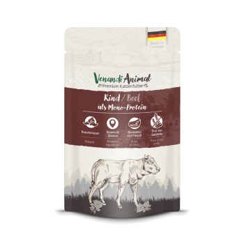 Verpackung für Premium-Katzenfutter mit Rindfleisch als Monoproteinquelle, mit Symbolen für natürliche Zutaten, regionale Beschaffung und getreidefrei.