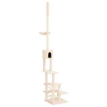 Ein hoher, moderner Katzenbaum in hellem Beige mit mehreren Plattformen, einem gemütlichen, würfelförmigen Versteck und einem oberen Platz.