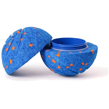 Blau-orange gesprenkeltes strukturiertes Haustier-Leckerli-Puzzle-Spielzeug mit abnehmbarem Deckel, entworfen für interaktives Füttern.
