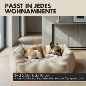 Ein Französischer Bulldogge, die in einem gemütlichen, cremefarbenen Haustierbett mit gerippter Textur ruht, mit einer Einlage, die den rutschfesten Boden zeigt.