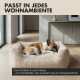 Ein Französischer Bulldogge, die in einem gemütlichen, cremefarbenen Haustierbett mit gerippter Textur ruht, mit einer Einlage, die den rutschfesten Boden zeigt.