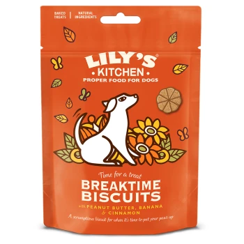 Lily's Kitchen Breaktime Biscuits für Hunde, mit einer Illustration eines weißen Hundes und floralen Designs, die Erdnussbutter, Banane und Zimt hervorheben.
