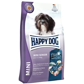 fit & vital Trockenfutter Hund Senior, Mini 800 g Eine Tüte Happy Dog Mini Senior Hundefutter mit einem kleinen Hund auf der Vorderseite, mit Text, der Vorteile wie Gelenkunterstützung und Vitalität hervorhebt.