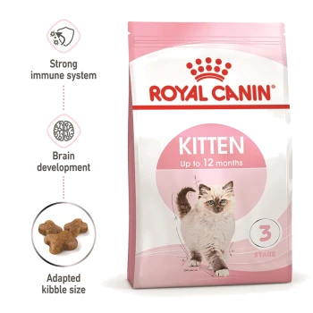 Pink Royal Canin kitten food bag labeled "ROYAL CANIN" and "KITTEN Up to 12 months" with icons for immune, brain development and kibble size