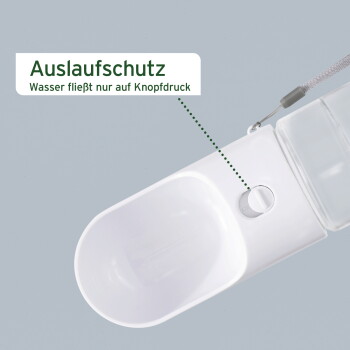 Tragbare Haustier-Wasserflasche von AniForte, mit einem weißen Design, einer abnehmbaren Schüssel und Text, der auf einfache Reinigung hinweist.