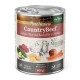 Dosen-Hundefutter mit dem Etikett "CountryBeef", das Rindfleisch, Kartoffeln, Karotten und Zucchini enthält. Enthält glutenfreie und getreidefreie Zutaten.