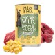 Dose Hundefutter mit der Aufschrift 'Milo & Mia', die 'Wild, Lamm & Nudeln' zeigt, mit Pasta und rohem Fleisch im Hintergrund; enthält Gesundheitsansprüche.