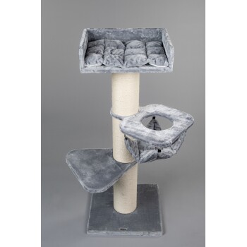 Grau Katzenbaum mit einem plüschigen oberen Platz, einer hängenden Hängematte und einem Kratzbaum, entworfen für den Komfort und das Spiel von Haustieren.