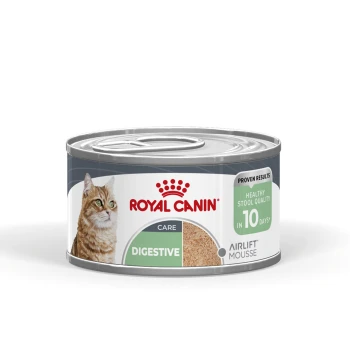 Royal Canin Digestive Care cat food can (Airlift Mousse) showing cat and label 'Healthy stool quality in 10 days'