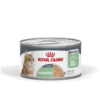 Royal Canin Digestive Care cat food can (Airlift Mousse) showing cat and label 'Healthy stool quality in 10 days'