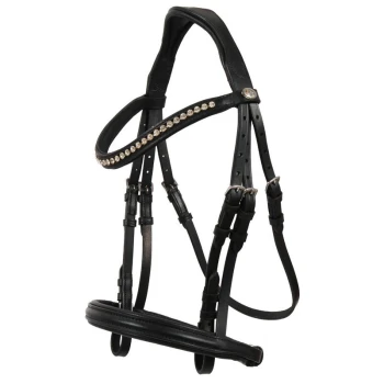Schwarzes Lederpferdezaumzeug mit einer dekorativen Reihe von Strasssteinen entlang des Stirnriemens, das mehrere verstellbare Riemen zeigt.