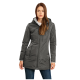 Eine Frau trägt eine stilvolle, graue wasserdichte Jacke mit Kapuze, kombiniert mit blauen Jeans, und steht in einer lässigen Pose.
