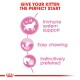 Infographic promoting kitten food with benefits: immune system support, easy chewing, and instinctively preferred.