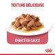 Nourriture pour chat en sauce, avec des morceaux tendres sur une assiette blanche, avec le texte "TEXTURE DÉLICIEUSE" et "ÉMINCÉ EN SAUCE" au-dessus.