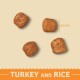 Four pieces of dry pet food kibble, labeled "Turkey and Rice," with a measurement of 6.5 mm displayed beside them.