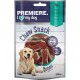 A golden retriever sits beside a package of "Premiere I ♥ my dog" chew snack bones, featuring a duck flavor, 120g.