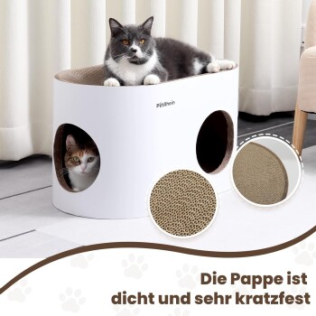 Ovales weißes Kratzversteck für Katzen mit gewellter Kartonoberseite und rundem Eingang; Schriftzug 'PetRhein' an der Seite