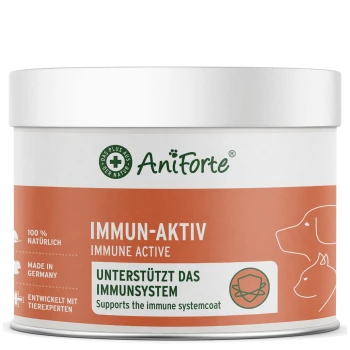 Behälter von AniForte Immun-Aktiv, ein Nahrungsergänzungsmittel zur Unterstützung des Immunsystems für Haustiere, mit Text in Deutsch und Englisch, mit einer Hundesilhouette.