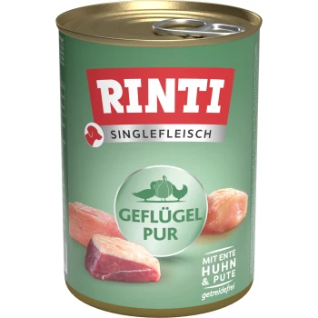 Singlefleisch 12x400g Geflügel pur Rinti Einzel-Fleisch-Hundfutterdose mit dem Text "Geflügel Pur" und Bildern von Hühner- und Entenfleisch, getreidefrei.