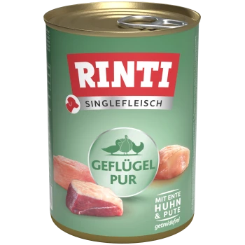 Rinti Einzel-Fleisch-Hundfutterdose mit dem Text "Geflügel Pur" und Bildern von Hühner- und Entenfleisch, getreidefrei.