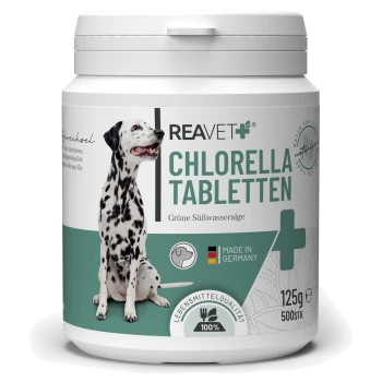 Behälter mit REAVET+ Chlorella-Tabletten für Haustiere, mit einem Dalmatiner und Etiketten für "Grüne Süßwasseralge" und "Hergestellt in Deutschland."