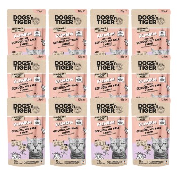Zwölf Beutel DOGS'n TIGER Haustierfutter, beschriftet mit "Schlemmer-Menü," mit Hühnchen, Grünkohl und Karotten, jeweils 125g.