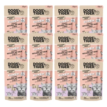 Zwölf Beutel DOGS'n TIGER Haustierfutter, beschriftet mit "Schlemmer-Menü," mit Hühnchen, Grünkohl und Karotten, jeweils 125g.