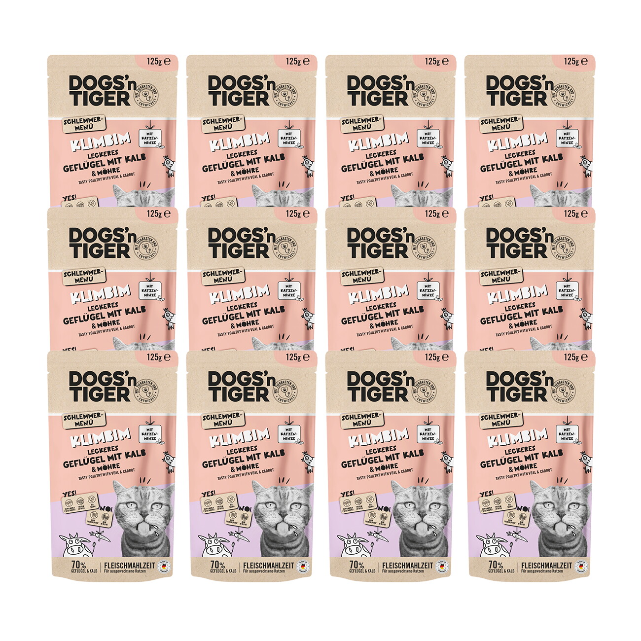 Dogs'n Tiger Adult Nassfutter Katze, Klimbim, Geflügel, Kalb & Möhre, 12x 125g