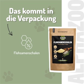 Verpackte "Flohsamenschalen" für Haustiere, die Vorteile zeigen: "Ballast- & Schleimstoffe," "Indische Rohkost-Qualität," und umweltfreundliche Verpackung.