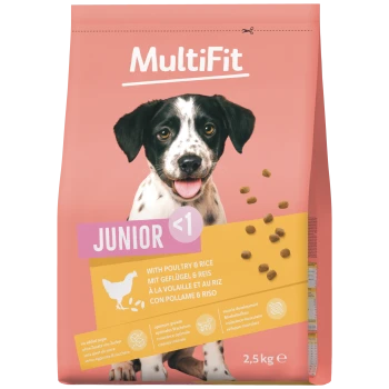 Sac de croquettes MultiFit Junior <1 pour chiot, volaille et riz, emballage rose avec image de croquettes, 2,5 kg.