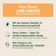 Verpackung des Hundefutters Pure Nature Land Chicken, mit Text über glutenfreie Zutaten, Omega-3 für Vitalität und deutscher Herkunft.