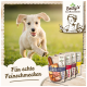 Ein verspielter Welpe läuft auf einem grasbewachsenen Feld mit der Verpackung von Bettys Hundefutter, die "TRUT-HAHN" und "Für Hunde" zeigt.