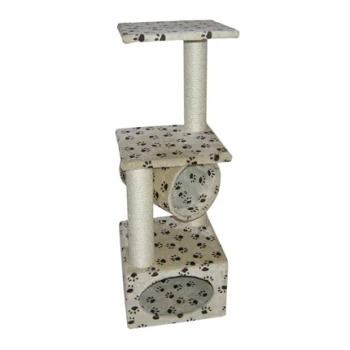 Arbre à chat avec trois niveaux, poteaux à gratter et design de pattes. Idéal pour grimper et gratter.