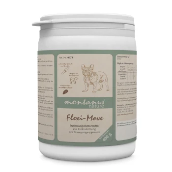 Weißer Behälter mit dem Haustiersupplement "Flexi-Move" zur Unterstützung der Gelenke, mit einer Illustration eines Französischen Bulldogs und Nährwertinformationen.