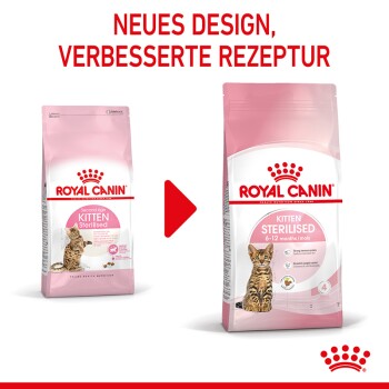 Vergleich von Royal Canin Kittenfutter: "Second Age Kitten Sterilised" links, "Kitten Sterilised 6-12 Monate" rechts, mit einem roten Pfeil für neues Design.
